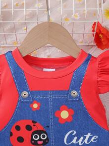 1pc Cute Bee & Floral Print Round Neck 2 In 1 Suspender Dress, Summer - Burgundy - View 5