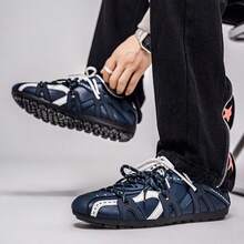 Zapatillas deportivas casuales de estilo retro de color azul y beige con diseño de bloques de color, puntera redonda con cordones, zapatos tipo mocasín para uso unisex - Azul - Ver 8