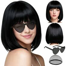 PLULON Dark Brown Short Bob Wig With Bangs For Women, Colorful Neon Short Bob Synthetic Hair Wigs With Hair Cap Heart Sunglasses For Girls Men Daily Bachelorette Halloween Costume Party SuppliesEssential Festive Atmosphere For Christmas - Black - View 1