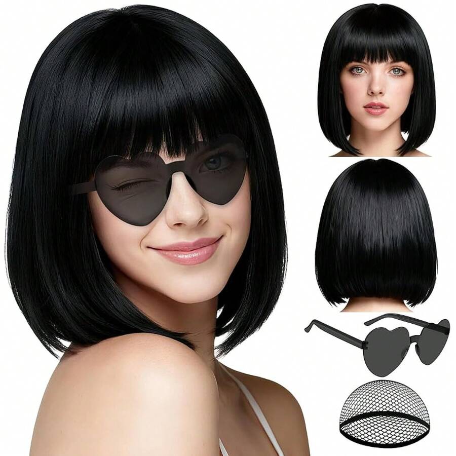 PLULON Dark Brown Short Bob Wig With Bangs For Women, Colorful Neon Short Bob Synthetic Hair Wigs With Hair Cap Heart Sunglasses For Girls Men Daily Bachelorette Halloween Costume Party SuppliesEssential Festive Atmosphere For Christmas - Black - View 1