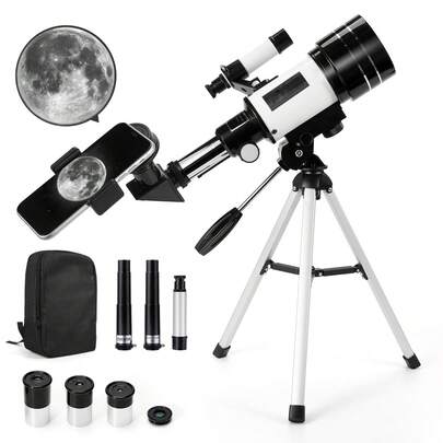 Telescopio para principiantes para adultos, ocular 12,5x, telescopio refractor, telescopio de viaje portátil, con trípode corto y soporte para teléfono móvil, adecuado para adultos y niños que se inician en la astronomía.
