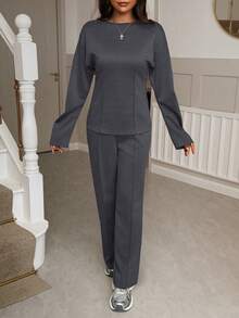 女士两件套，深灰色圆领长袖上衣搭配收腰中长运动裤，优雅女士休闲装 - 深灰色 - 查看 5