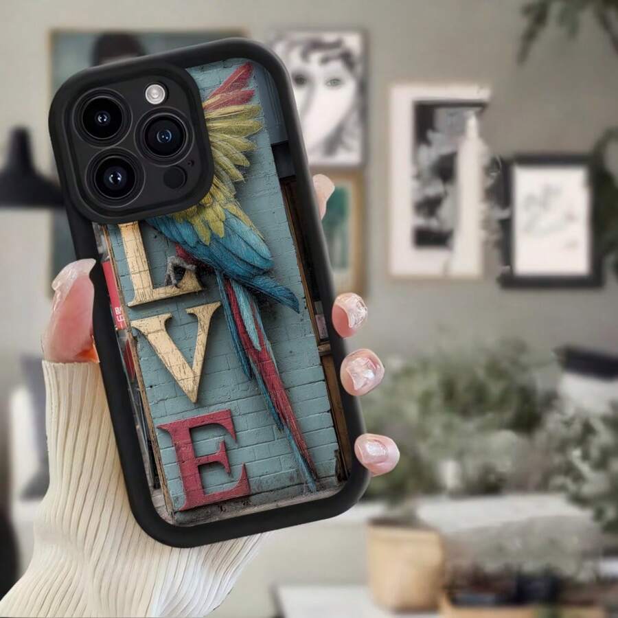 Phone Case With Black Border, Colorful Parrot Design And LOVE Lettering For Everyday Use - 黑色 - View 1