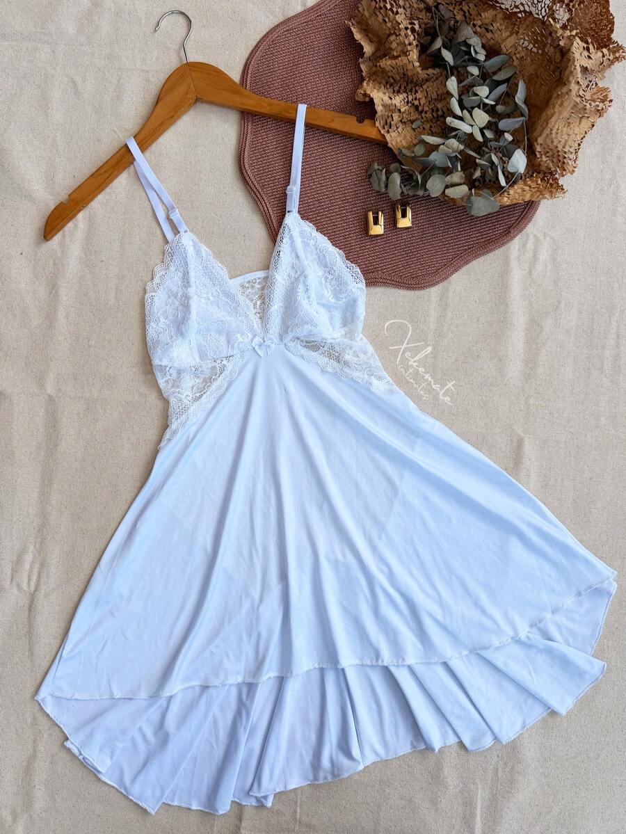 Sexy Lace Nightgown With Backless Detail, Ruffled Train, Slit, No Padding, Sleep Dress, Lingerie, Nightwear Line - White - View 1