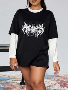 Women's Retro Punk Rock Lightning Print Patchwork Long Sleeve, Casual 2 In 1 T-Shirt - Black and White - View 3