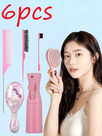 6-delars set inklusive en söt enhörningshårkam, en luftkuddemassagekam, en teleskopkam, en ögonbrynsborste, slingverktyg, en råttsvanskam, en sprayflaska, en flaska i resestorlek och en bärbar kosmetikasprayflaska. ,Hårverktygskit ,Hårstylingkit