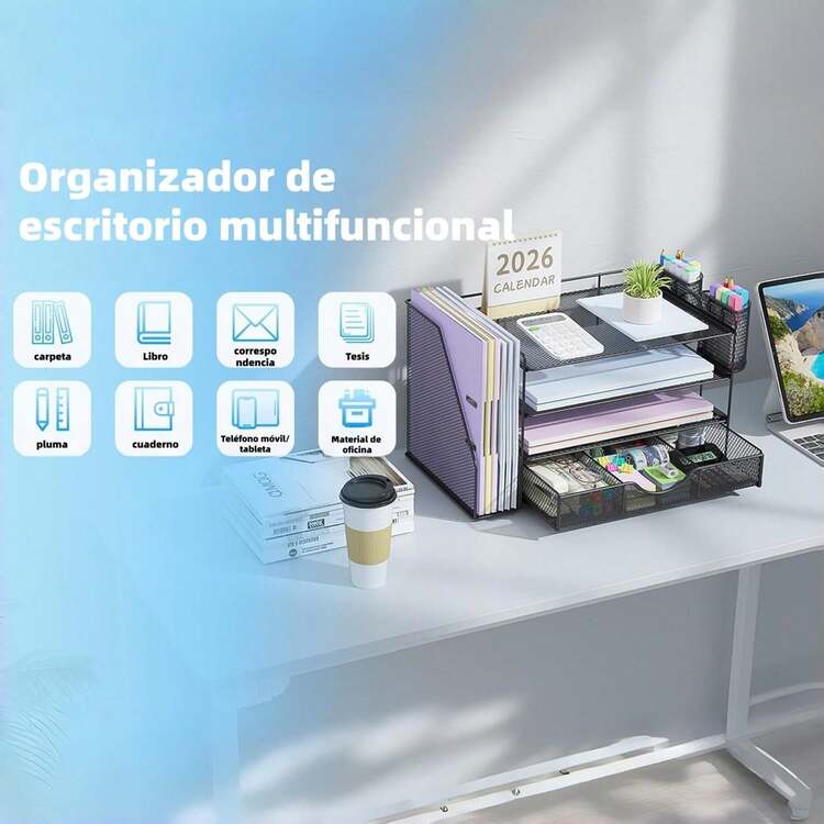 Organizador de Escritorio de 4 Niveles con Compartimentos Verticales, Cajones Deslizantes y Porta Lápices, Ideal para Organizar Documentos, Papeles y Suministros de Oficina en el Día a Día - Negro - Añade 5
