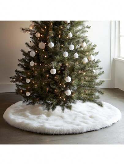 1pc-Faux Fur Christmas Tree Skirt White Plush Skirt For Merry Christmas Party Christmas Tree Decoration