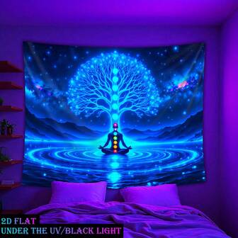 1pc Blue Hippies Meditate On The Starry Sky Tree Of Life - Glowing Under UV Black Light Tapestry Oversized Fluorescence Tapestry Polyester, Room, Dorm, Living Room, Home Furnishings, Party Decorations, Free Installation Package, No Electricity Needed