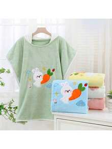 1pc Rabbit & Carrot Fashionable Style Kids Bathrobe, Coral Fleece Absorbent Children Bath Towel, Embroidered Hooded Cloak, Cartoon Bathrobe Suitable For Home Use - Multicolor - View 1