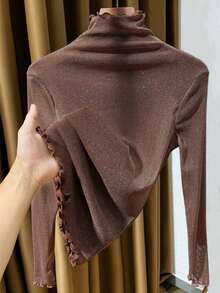 性感透视网纱长袖蕾丝边衬衫内搭上衣，女士休闲春季款 - 咖啡棕 - 查看 5