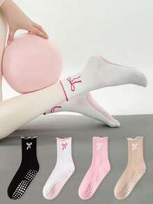 1/2 Pair Pilates Socks, Professional Non-Slip Yoga Socks With Embroidered Bow, Dot Patterned Anti-Slip Socks For Women, Suitable For Home, Leisure, Aerobic Exercise, Soft Ribbed Knit Fabric, Wavy Hem + 3D Bow Embroidery - Multicolor - View 1