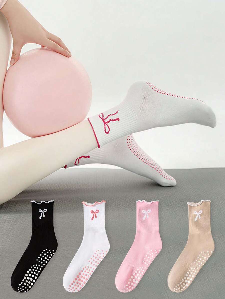 1/2 Pair Pilates Socks, Professional Non-Slip Yoga Socks With Embroidered Bow, Dot Patterned Anti-Slip Socks For Women, Suitable For Home, Leisure, Aerobic Exercise, Soft Ribbed Knit Fabric, Wavy Hem + 3D Bow Embroidery - Multicolor - View 1