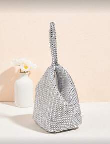 Lightweight, Business Casual Rhinestone Decor Bucket Bag Mini Drawstring Design, Clear Bag Faux Faux Pearl Bag Evening Bag, Dinner Bag Glamorous, Elegant, Exquisite, Quiet Luxury Rhinestone For Party Girl, Woman, Bride Perfect For Party, Dinner/Banquet Christmas Party Dress, Glamorous Rhinestone Bag, Perfectly Matching With Bridal Party, Best Choice Elegant Bag For Bridal Shower, Clutch Bag For Wedding, Party Bags,Perfect For Party Wedding Prom Dinner/Banquet Matching With Holiday Party Dress Evening Dress & Sequin Dress - 銀色 - 查看 5