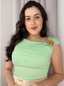 Women's Asymmetrical Blouse With Gold Buckle, Ribbed Knit, Elegant , Casual, Summer, Christmas - màu xanh lá - Xem 1