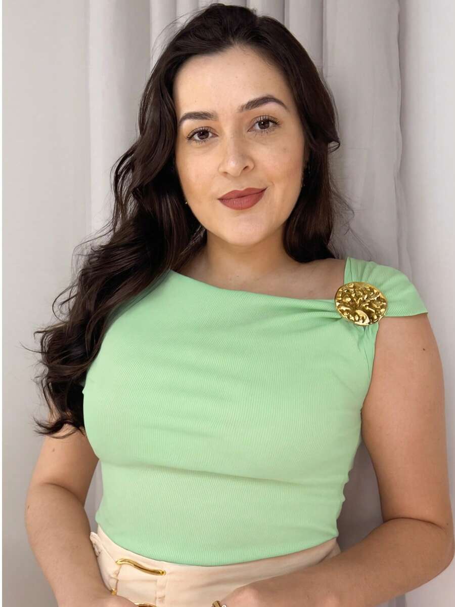 Women's Asymmetrical Blouse With Gold Buckle, Ribbed Knit, Elegant , Casual, Summer, Christmas - màu xanh lá - Xem 1