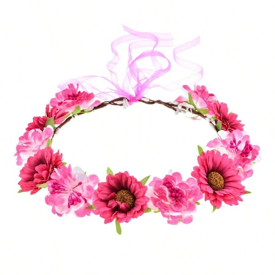 SLAWJune Bloomy Rose Flower Leave Crown Bridal Halo Headband With Adjustable Ribbon A Peach - APeach - Xem 1