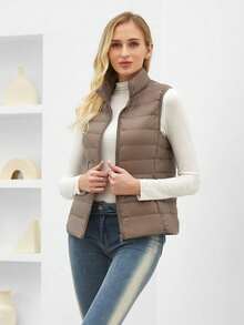 ZIAI Women Stand Collar Lightweight Short Down Vest In Multicolor Casual Outdoor Autumn Winter Vest For Women - Khaki - View 5