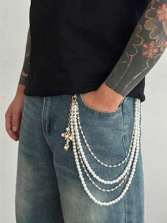 1 pieza Cadena de pantalones de diseño vintage para hombres, cadena de cintura punk hip hop, cadena de perlas falsas multicapa, elegante y práctica para varios pantalones