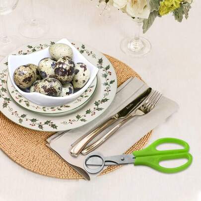 4件套不锈钢鹌鹑蛋工具套装 - 包括剪刀、鹌鹑蛋切片器、开瓶器、饼干模具，适用于家庭厨房，可用于剪鹌鹑蛋、鸽子蛋，是家用厨房的理想蛋壳分离器，也是餐厅鸟蛋的理想取蛋工具。