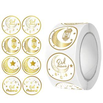 500 piezas/Rollo Etiquetas adhesivas de decoración Eid Mubarak - Sellos festivos de Ramadán con caligrafía árabe, decoraciones de luna dorada y estrella y linterna para celebraciones de Eid Al-Fitr y Eid Al-Adha, decoración islámica para el hogar
