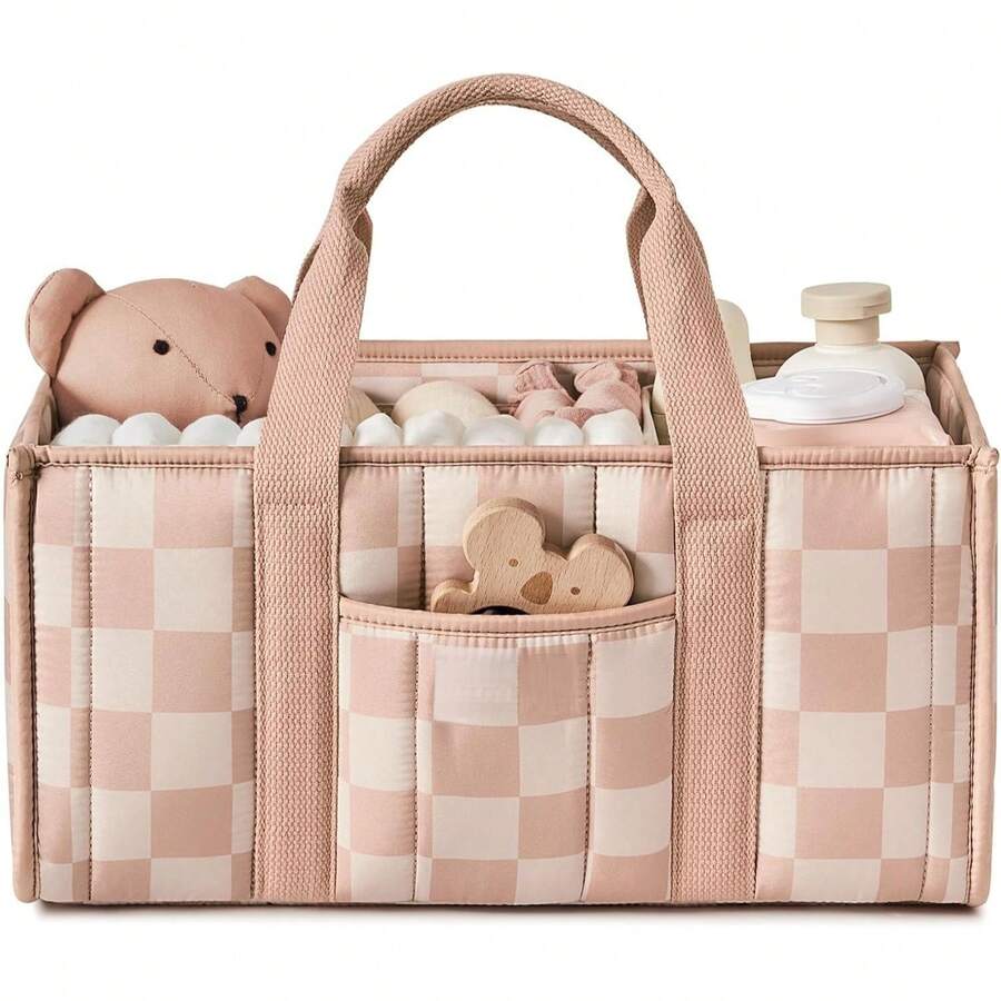 1pc Floral Diaper Caddy Organizer, Stylish Nursery Storage Basket - Gift For Baby Shower, Baby Registry Must Have, Newborn Essentials , Baby Caddy Organizer(Flower Prints In Randomized Positions) - Hồng kẻ ô vuông - Xem 1