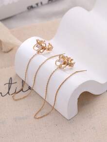 1对简约精致花朵锆石链式耳夹耳环，金色 - 金黃色 - 查看 3