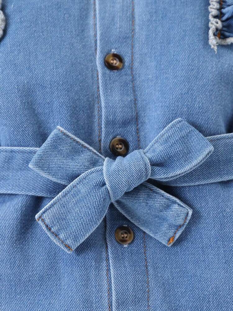 Bodysuit Estiloso com Babados e Denim Puído de Manga Longa com Cadarço, Bodysuit com Botões para Bebês e Meninas Pequenas, Roupa para Usar na Primavera e Outono - Lavagem clara - Visão 3