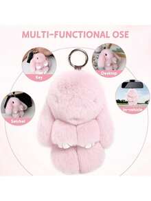 5.9英寸手工可爱兔毛毛绒钥匙扣，柔软兔毛绒球吊坠，萌趣兔毛钥匙扣，女士礼物