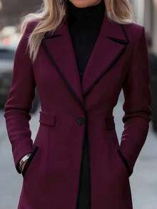 黑色滚边缺角翻领单排扣长款系带优雅冬季外套 - 紅木色 - 查看 2