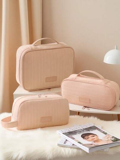 1Pc/Set Pink Corduroy Makeup Bag, Cute Macaron Pink Cosmetic Pouch For Girls, Large Capacity Travel Makeup Organizer, Portable Toiletry Bag For School Dorm Office, Back To School Essentials, Daily Commute Makeup Case, Christmas Pink Makeup Bag Gift, Holiday Beauty Organizer, Soft Corduroy Storage Pouch For Skincare Brushes Toiletries, Bedroom Desk Organizer, Travel Essentials For Women Teens