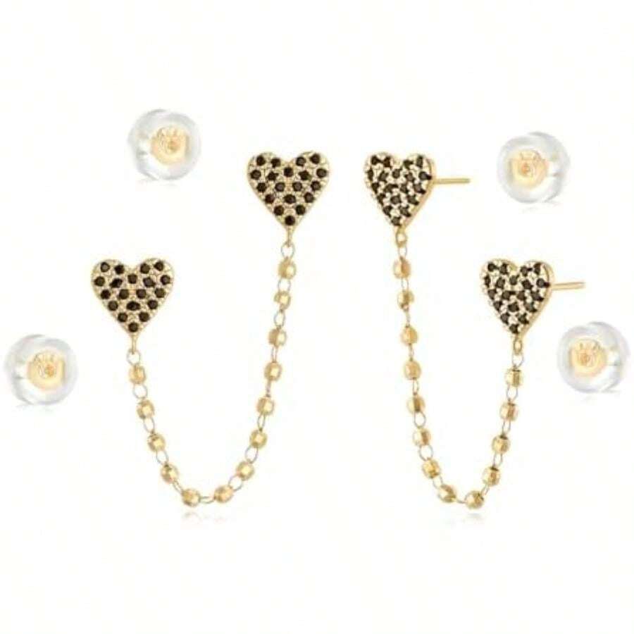 MYEARS - arete de aro de oro para mujer, relleno de oro de 14 quilates, pequeños, hechos a mano, hipoalergénicos, para uso diario, en el mundo de la naturaleza(Piercing doble - Corazón) - Multicolor - Ver 1