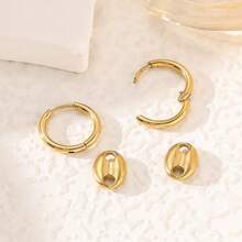 1对时尚优雅的法式金色不锈钢椭圆形双孔耳环，高端耳饰，适合女性佩戴。 - 橢圓形耳環 - 查看 5