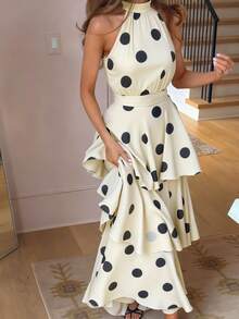 Women's Elegant Polka Dot Sleeveless Shirred Waist Layered Ruffled Dress, Bohemian Style, Spring/Summer - Champagne - View 1