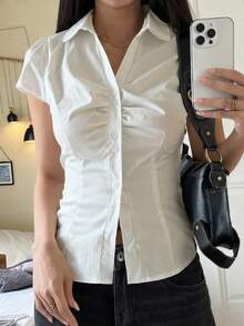 Rikumo 阳光少女风夏季女装 Y2K 学院风毕业季纽扣设计翻领休闲可爱褶皱修身短袖白色衬衫 冬季 - 白色 - 查看 3