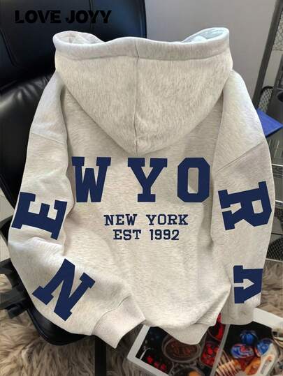 sweat-shirt à capuche décontracté à manches longues et épaules tombantes avec imprimé lettres LOVE JOYY, automne/hiver pour femmes