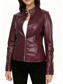 Women's Fashionable Casual Solid Color Long Sleeve Motorcycle Style Zipper PU Leather Jacket, Suitable For Spring, Autumn And Winter - Burgundy - View 4