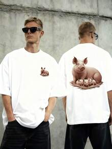 Artistic Portrait Of A Sow Resting Serenely Next To Three Piglets, Conveying A Sense Of Family Unity, Warmth, And Tenderness In A Rural Setting Full Of Life And Nature. Men's T-Shirt, 100% Cotton, With Double-Sided Print. - 白色 - 查看 8
