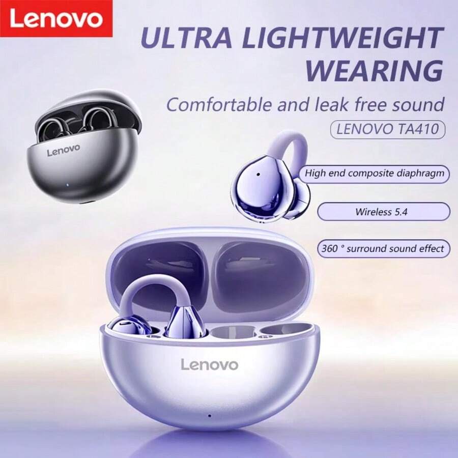 Lenovo TA410 2025 Latest Model Bluetooth Earphones, Bone Conduction Technology, Ultra-Light 2.8g Design, Suitable For Running, Gym, Yoga, Etc., IPX5 Sweatproof, 24-Hour Playback With Charging Box, Bluetooth 5.4 Gaming, HIFI Spatial Sound Effects,Bluetooth Headphones, HD Mic With Clear Voice, Compatible With IPhone Android Tablet PC Computer