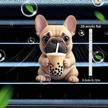 1 件 2D 亚克力可爱法国斗牛犬喝珍珠奶茶汽车出风口夹，装饰性和功能性汽车配件 - 彩色 - 查看 8