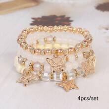 波西米亚风玻璃弹力四层蝴蝶吊坠手链，手工串珠四件套，人造水晶玻璃钻石镶嵌手链 - 彩色 - 查看 7