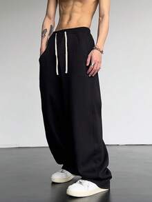 Men's Solid Color Drawstring Waist Pockets Loose Outdoor Sweatpants Black Spring - Black - View 3