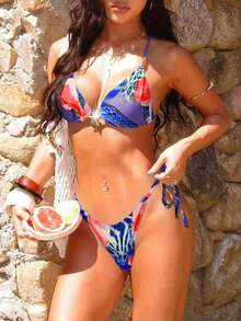 夏季假期随机豹纹和花卉印花金属海星装饰吊带背心+高腰比基尼套装，沙滩度假两件套 - 紅紫豹紋 - 查看 14