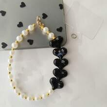 1 Stück Herz & Kunstperlen Handykette, romantische Handtaschenkette, Kameraband, Hutband Accessoire - Schwarz - Übersicht 3