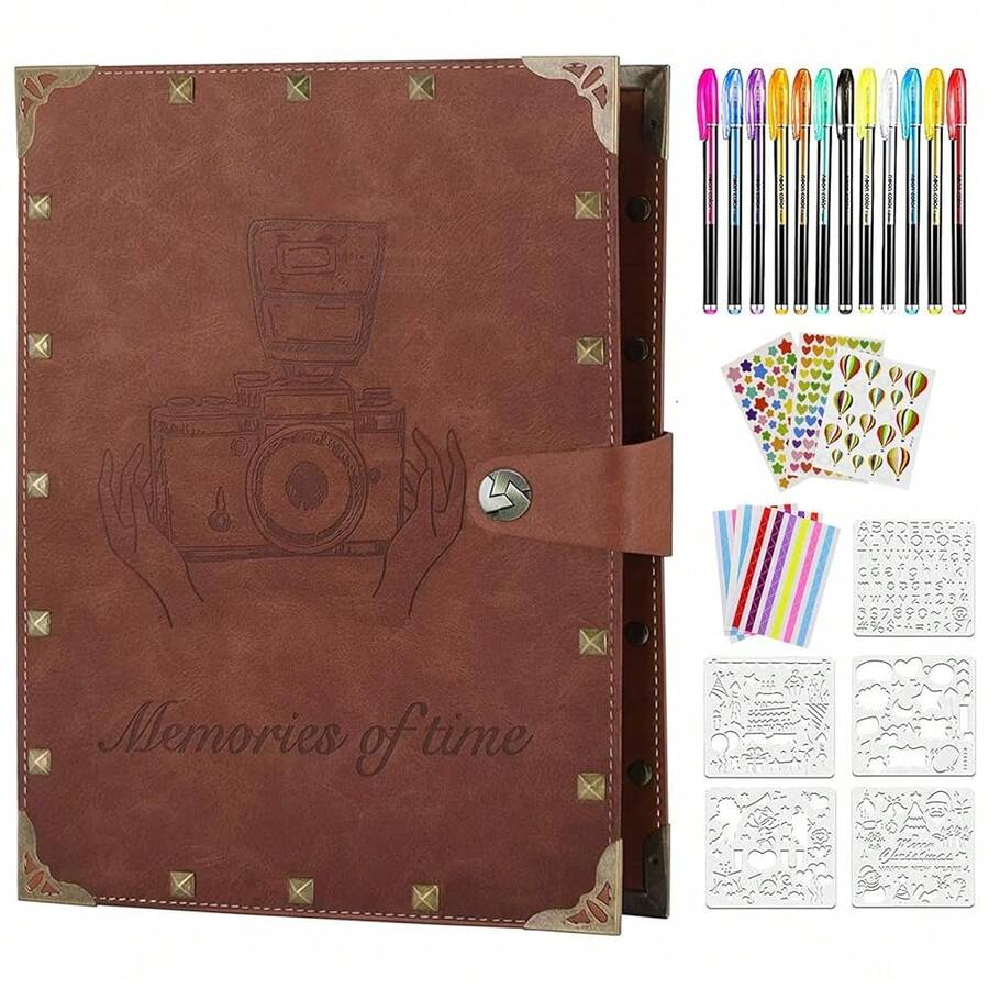 DIY Scrapbook Photo Album 60 Pages Leather Memory Photo Book 8.5x11 Inch,Vintage Travelling Scrapbook Family Scrap Book ScrapbooFKing Supplies Kits For Couples,DarkBrown - DarkBrown - 查看 1