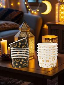 White/Black Ramadan Disposable Bowls, Home Decor Tableware With Star And Moon Patterns, Ramadan Party Tableware Decorations, Disposable Festive Party Tableware, Themed Party Decorations, Suitable For Ramadan Tableware Supplies, Disposable Tableware, Festive Party Tableware. - Multicolor - View 3
