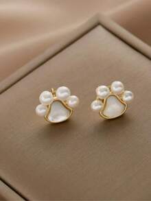 1对可爱卡通几何动物爪印设计耳环 - 白色 - 查看 4
