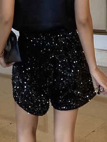 Livesso 女士时尚通勤亮片宽松短裤，新年嘉年华 - 黑色 - 查看 3