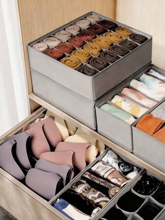 6个可折叠网格收纳盒，适用于收纳袜子、内衣、胸罩、内裤、儿童服装、围巾、领带等。