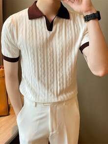 ALTZTAR 男士撞色短袖针织麻花纹理 Polo 衫 - 杏色 - 查看 5